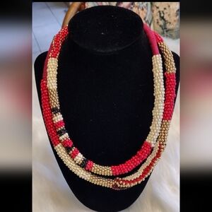 Vintage Chico's Necklace Red White Gold Black Seed Bead Rope Necklace